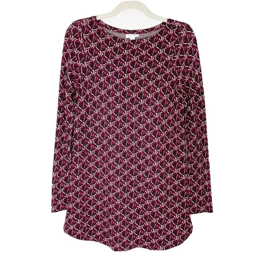 J Jill Tunic Top Womens Size XS Jacquard Knit Burgundy Floral 3/4‎ Sleeves